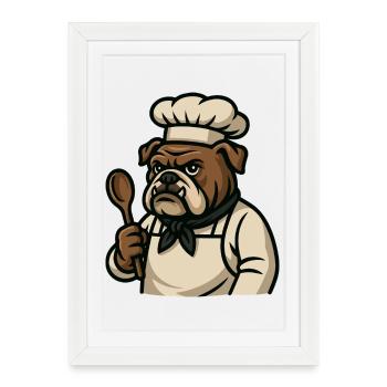 Bulldog Chef tenant cuillère cuisine Mascotte Art - Affiche encadrée (27 × 37 cm) - blanc - Devant