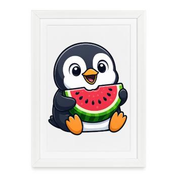 Funny Penguin with Melon Summer Fruit Cartoon - Framed poster (27 × 37 cm) - white - Front