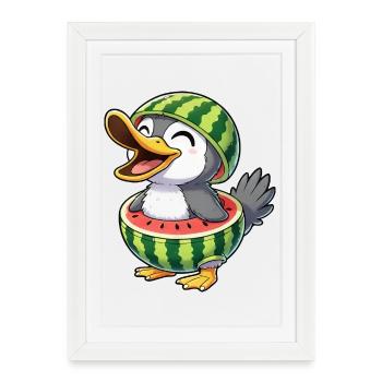 Dessin animé mignon, canot, pingouin, oiseau, melon, joie d’été - Affiche encadrée (27 × 37 cm) - blanc - Devant