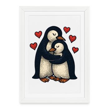 Penguin couple hugging with hearts - Framed poster (27 × 37 cm) - white - Front