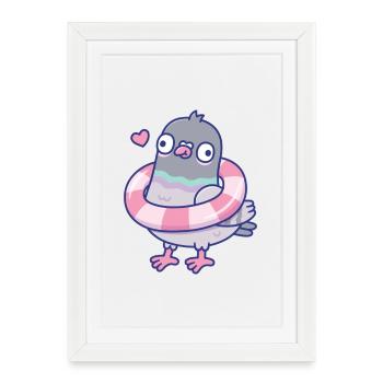 Pigeon drôle de Derpy avec un flotteur de piscine autour du cou - Affiche encadrée (27 × 37 cm) - blanc - Devant