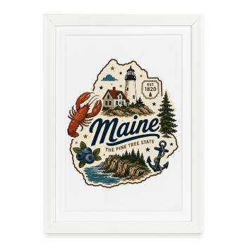 Autocollant côtier vintage de l’État de pin du Maine - Affiche encadrée (27 × 37 cm) - blanc - Devant