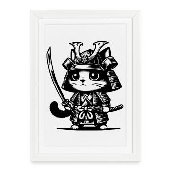 Chat Samouraï – Cadeau Original - Affiche encadrée (27 × 37 cm) - blanc - Devant