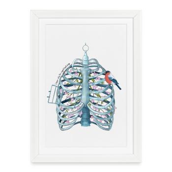 Caged Heart - Ribcage, Blossoms & Bird Surreal Art - Framed poster (27 × 37 cm) - white - Front