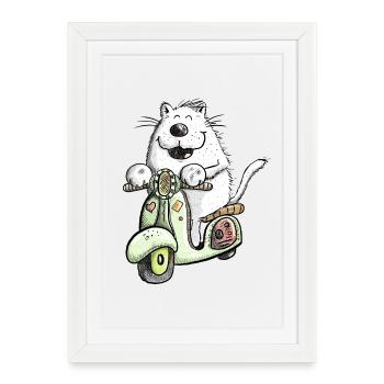 Cool Cat Rides Scooter Fun Design Motif de chat - Affiche encadrée (27 × 37 cm) - blanc - Devant