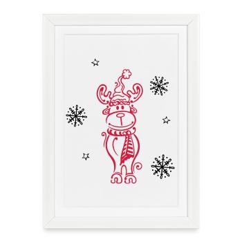 Wapiti, rennes avec des flocons - Affiche encadrée (27 × 37 cm) - blanc - Devant