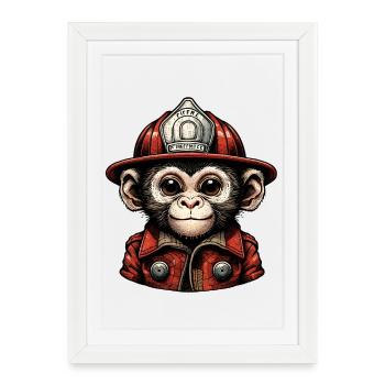 Petit singe en tenue de pompier - Affiche encadrée (27 × 37 cm) - blanc - Devant