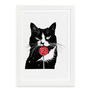 Chat Sweet Tooth Sucette Bonbons - Affiche encadrée (27 × 37 cm) - blanc - Devant