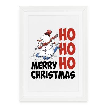 « HoHoHo Joyeux Noël » le bonhomme de neige skieur - Affiche encadrée (27 × 37 cm) - blanc - Devant
