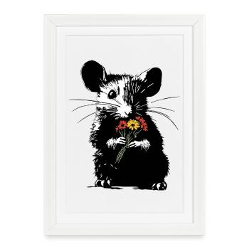 Maus mit bunten Blumenstrauß - Stencil Love - Gerahmtes Poster (27 × 37 cm) - Weiß - Vorne