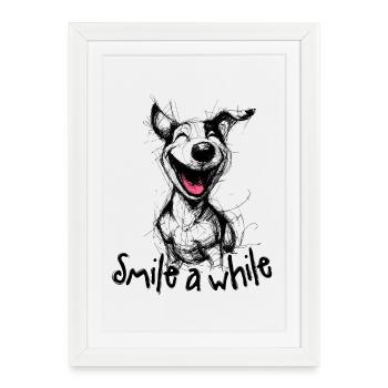 Smiling Dog – Motif de bonne humeur pour les fans de chiens - Affiche encadrée (27 × 37 cm) - blanc - Devant
