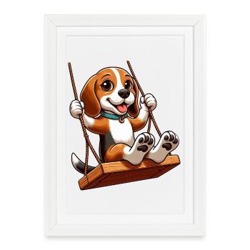 Beagle joyeux sur balançoire chien de terrain de jeu - Affiche encadrée (27 × 37 cm) - blanc - Devant