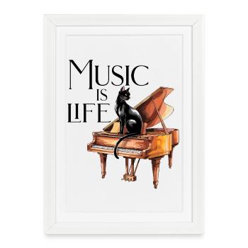 Music is Life - Black Cat pianiste au piano - Affiche encadrée (27 × 37 cm) - blanc - Devant
