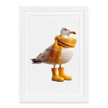 Humorvolle Möwe mit Regenstiefeln und Schal - Gerahmtes Poster (27 × 37 cm) - Weiß - Vorne