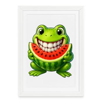 Crapaud grenouille joyeux avec pastèque été - Affiche encadrée (27 × 37 cm) - blanc - Devant