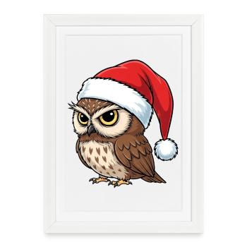 Grumpy owl with Christmas hat cartoon Christmas - Affiche encadrée (27 × 37 cm) - blanc - Devant