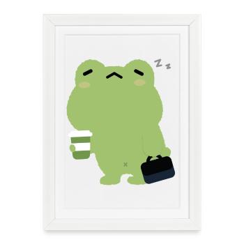 Grenouille fatiguée avec café et mallette - Affiche encadrée (27 × 37 cm) - blanc - Devant