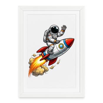 Dessin animé astronaute sur fusée - Affiche encadrée (27 × 37 cm) - blanc - Devant