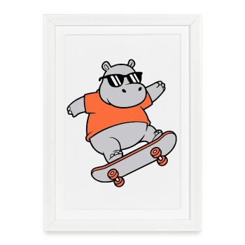 Cooles Nilpferd Skater Skateboard Vektor - Gerahmtes Poster (27 × 37 cm) - Weiß - Vorne