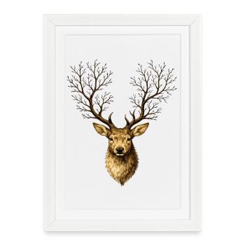 Hirschkopf mit Baumgeweih – Mystischer Waldgeist - Affiche encadrée (27 × 37 cm) - blanc - Devant