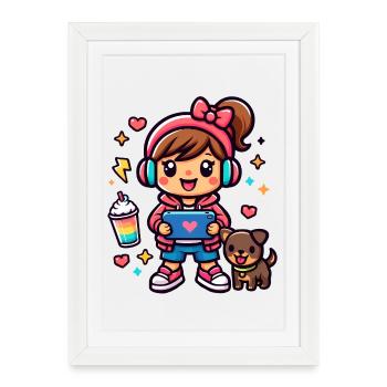 Fille Gamer Esthétique avec une tablette de surf et un chiot - Affiche encadrée (27 × 37 cm) - blanc - Devant