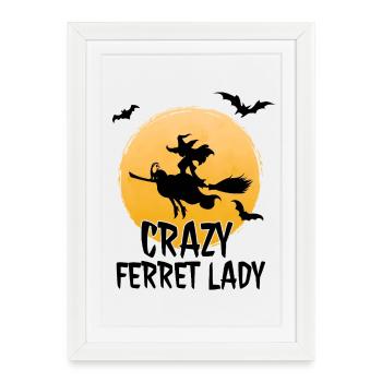 Crazy Ferret Lady - Witch with a Ferret on a broom - Framed poster (27 × 37 cm) - white - Front