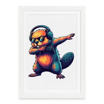 Gamer Beaver jouant à l’art des jeux vidéo - Affiche encadrée (27 × 37 cm) - blanc - Devant