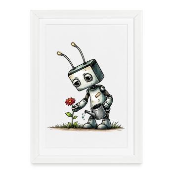 Robot arrosant une fleur - Affiche encadrée (27 × 37 cm) - blanc - Devant