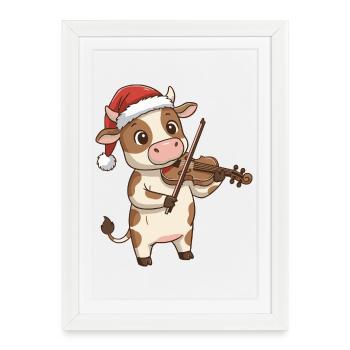 Animal de la ferme de vaches de Noël jouant du violon - Affiche encadrée (27 × 37 cm) - blanc - Devant