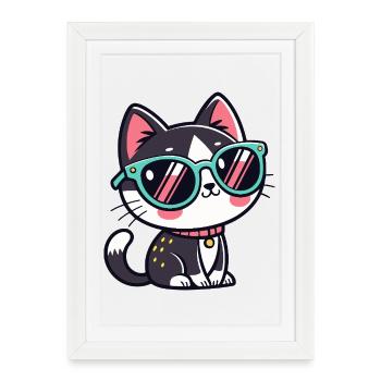 Chat lunettes vertes kawaii - Affiche encadrée (27 × 37 cm) - blanc - Devant