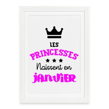 Princesse née en Janvier Joli Cadeau Anniversaire - Affiche encadrée (27 × 37 cm) - blanc - Devant