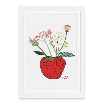 Fraise avec bouquet de fleurs - Affiche encadrée (27 × 37 cm) - blanc - Devant