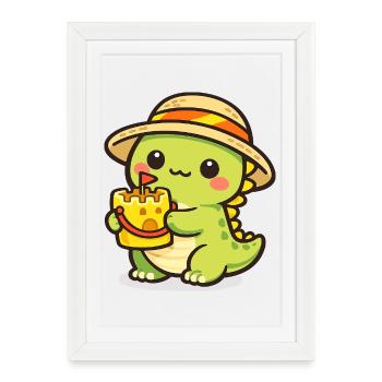 Kawaii Dino avec Cake Hat - Affiche encadrée (27 × 37 cm) - blanc - Devant