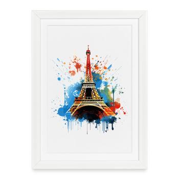 Paris Tour Eiffel, silhouette de la France Éclaboussures colorées - Affiche encadrée (27 × 37 cm) - blanc - Devant