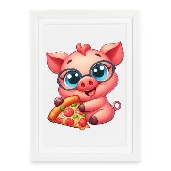 Nerd Pig Cartoon Pizza Pizza Lover - Affiche encadrée (27 × 37 cm) - blanc - Devant
