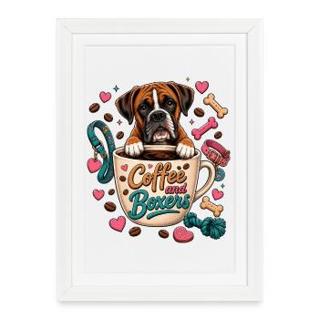 Café et Boxers – Boxer Dog Coffee Love - Affiche encadrée (27 × 37 cm) - blanc - Devant