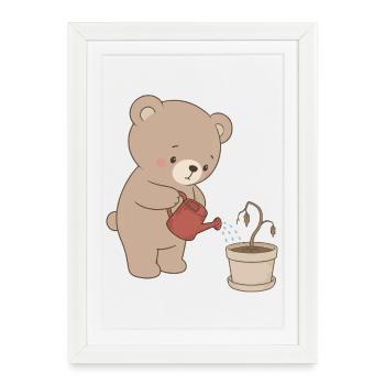 Un ours mignon arrosant la plante triste - Affiche encadrée (27 × 37 cm) - blanc - Devant