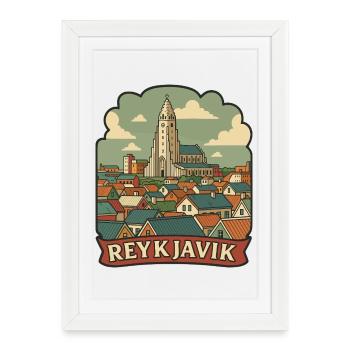 Reykjavik Iceland Hallgrimskirkja Retro Sticker - Framed poster (27 × 37 cm) - white - Front