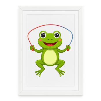 Dessin animé de la grenouille verte sautant à la corde drôle - Affiche encadrée (27 × 37 cm) - blanc - Devant