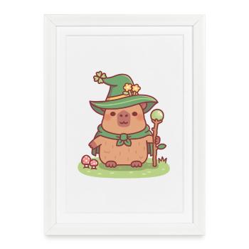 Niedlicher Capybara-Druidenzauberer mit magischem Stab - Gerahmtes Poster (27 × 37 cm) - Weiß - Vorne