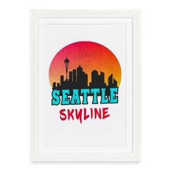 Seattle Skyline au coucher du soleil / cadeau - Affiche encadrée (27 × 37 cm) - blanc - Devant