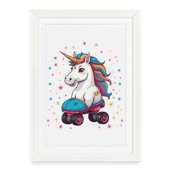 Licorne drôle de patin à roulettes - Affiche encadrée (27 × 37 cm) - blanc - Devant