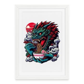 Ramen Feast en sirotant des nouilles comme un dragon en feu - Affiche encadrée (27 × 37 cm) - blanc - Devant