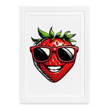 Fraise avec lunettes de soleil - Affiche encadrée (27 × 37 cm) - blanc - Devant