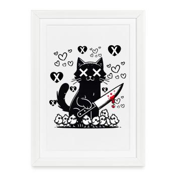 "Chat Noir Mignon et Méchant - Cœurs et Couteau" - Affiche encadrée (27 × 37 cm) - blanc - Devant