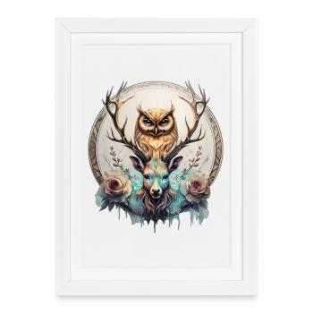 Hibou et cerf, une alliance mystique. - Affiche encadrée (27 × 37 cm) - blanc - Devant