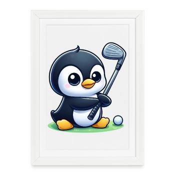 Mignon pingouin golfeur dessin animé drôle - Affiche encadrée (27 × 37 cm) - blanc - Devant