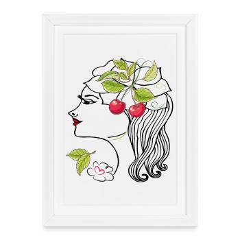 Frauenkopf mit Kirschen - Gerahmtes Poster (27 × 37 cm) - Weiß - Vorne