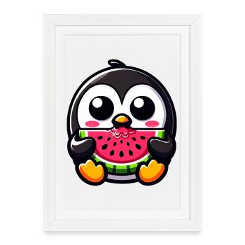 Cute Penguin with Melon Chibi Fruit Sweet - Framed poster (27 × 37 cm) - white - Front