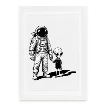 Astronaute et extraterrestre main dans la main - Affiche encadrée (27 × 37 cm) - blanc - Devant